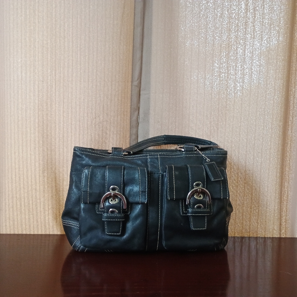 Coach Soho Double Handle Double Pocket Tote Black Leather Handbag